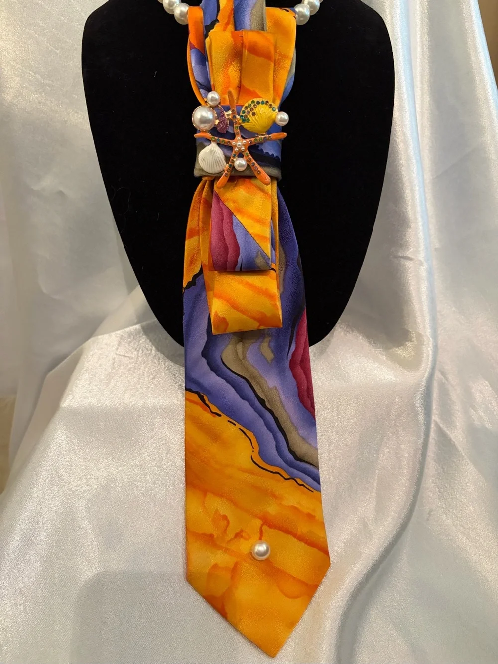 J. Garcia Vibrant Orange and Purple Abstract Silk Tie Necklace